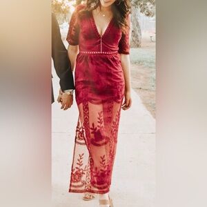 Burgundy Deep V-Neck Lace Boho Maxi Dress